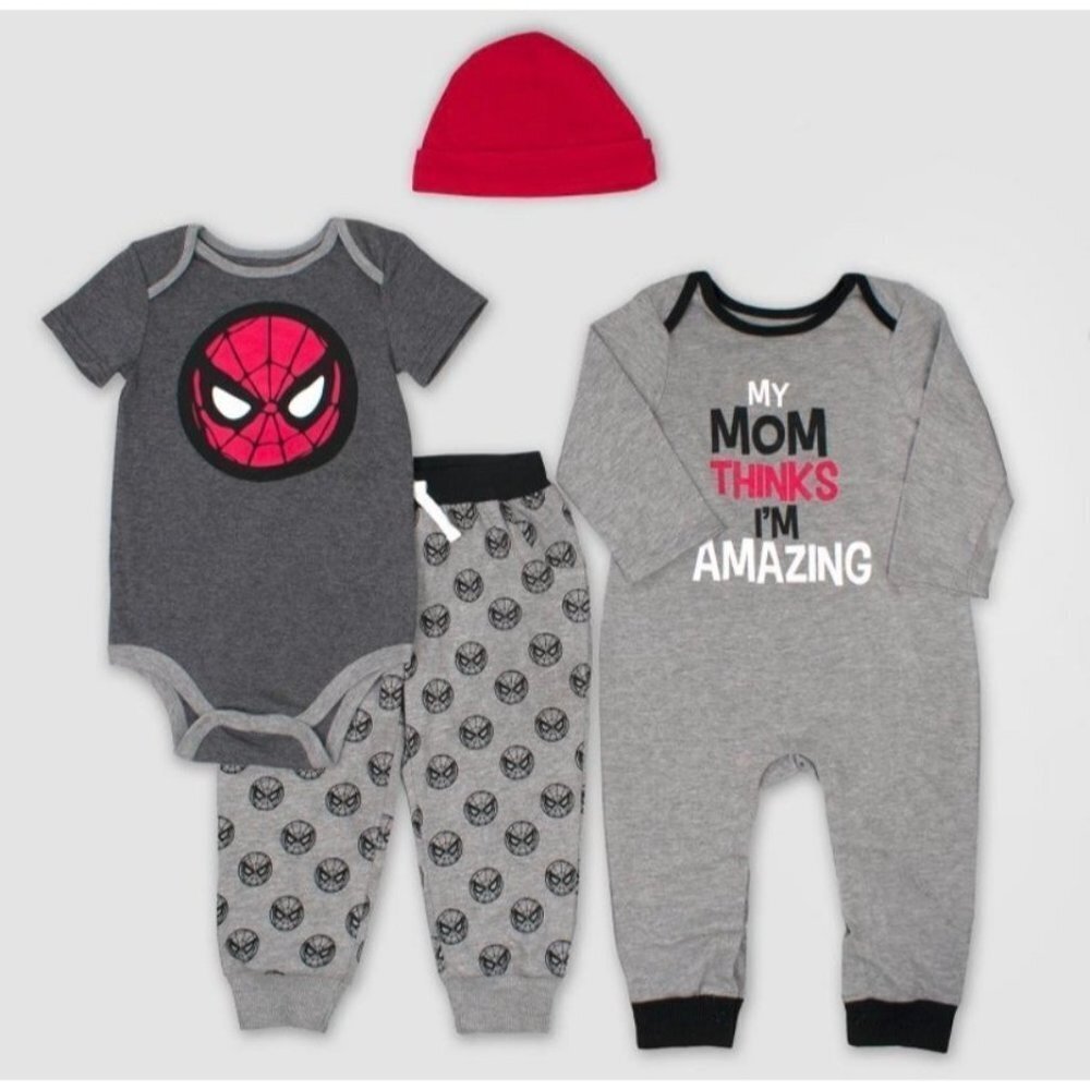Baby Boy 4 Piece Marvel Spider-Man Set-Grey- 12 Month